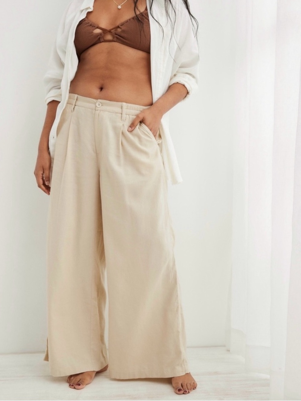 Aerie Pool-To-Party Linen Blend High Waist Wide Leg Trouser Pants in Soft Oat L